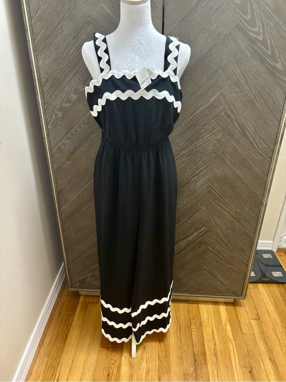 Cato Black Jumpsuit with White Scallop Trim Accent